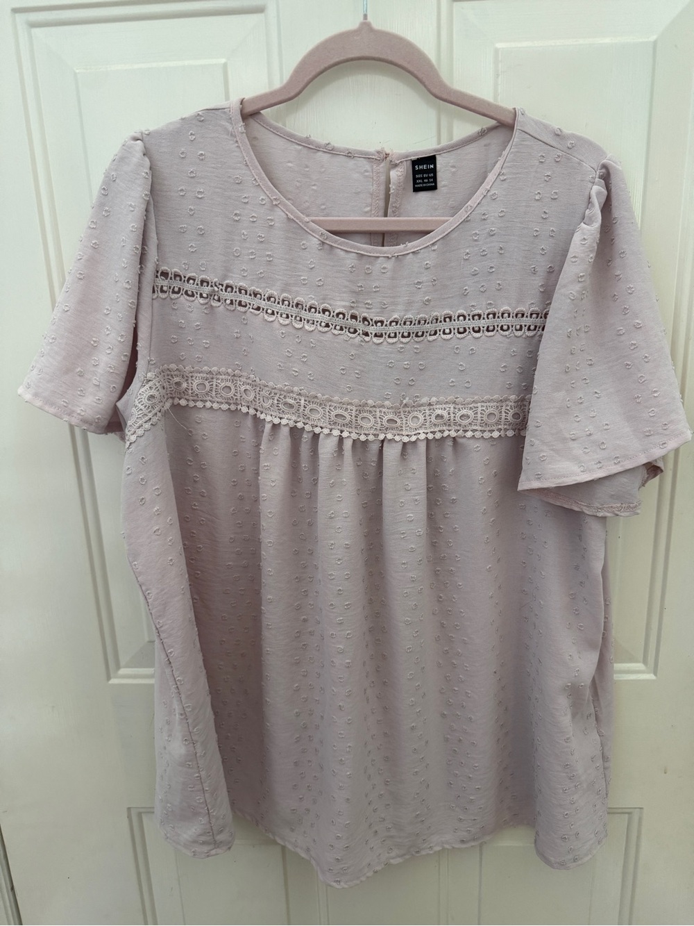 SHEIN Dusty Mauve Swiss Dot Lace Panel Short Sleeve Blouse